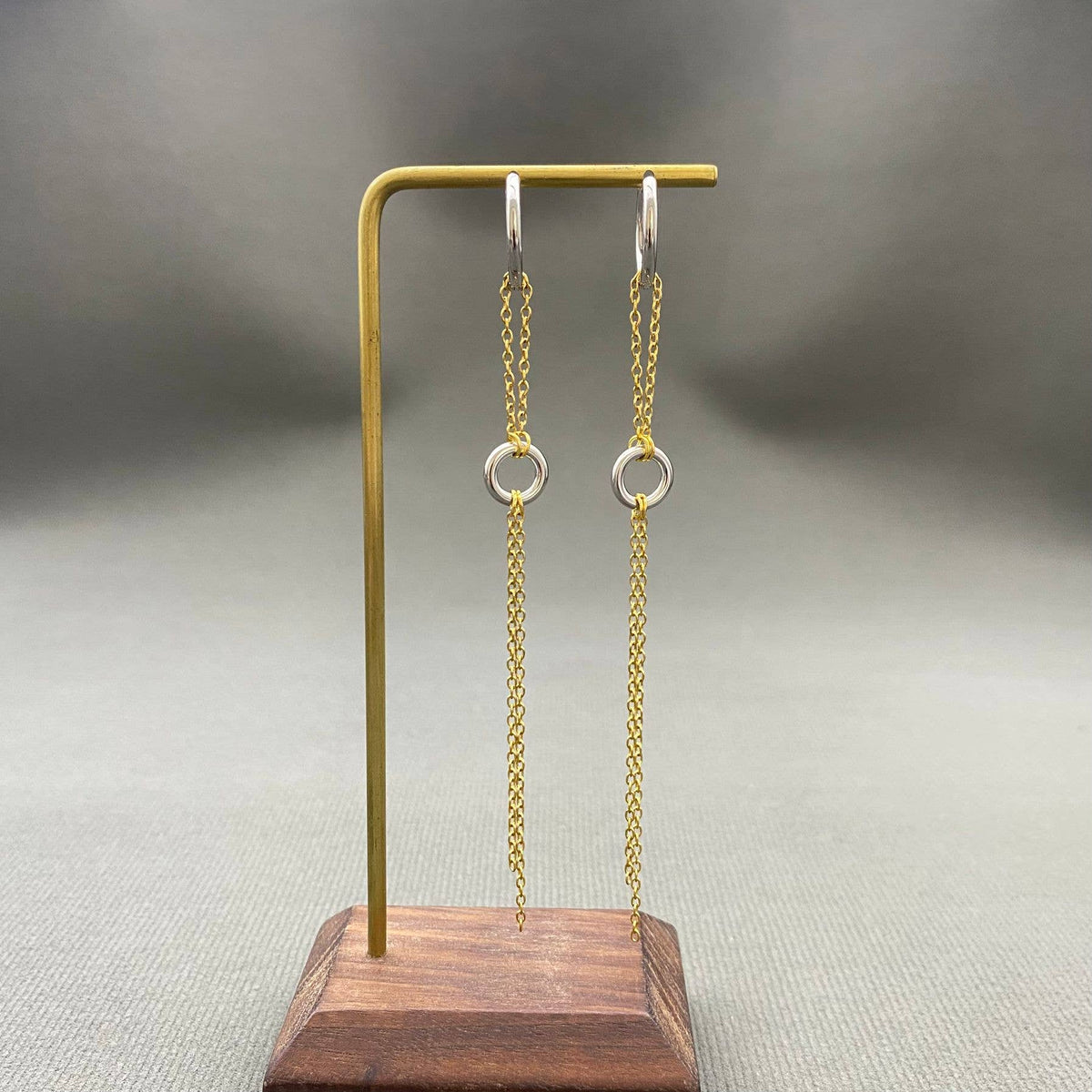 18K Golden Chain Fringe SS Double Loop Huggie Earrings - FGS: Golden + Steel color
