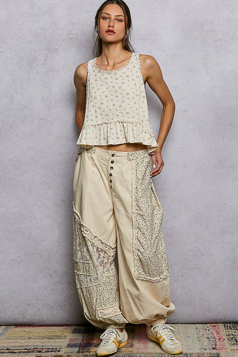 Round Neck Ruffle Hem Trim Detail Floral M