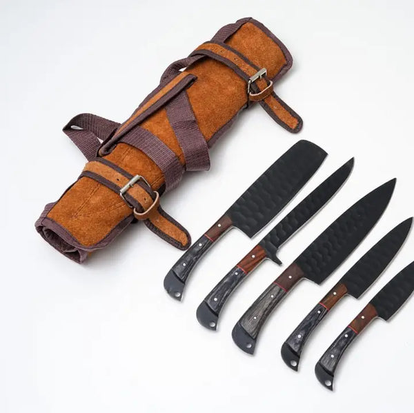 Hand-Forged 5-Piece Kitchen Knife Set | Hammered Black Carbon Steel | Pakkawood & Black Walnuthandles