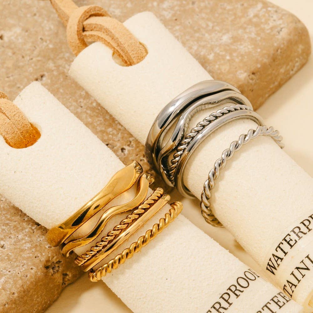 5Pc Stainless Steel Mixed Band Rings Set: GD