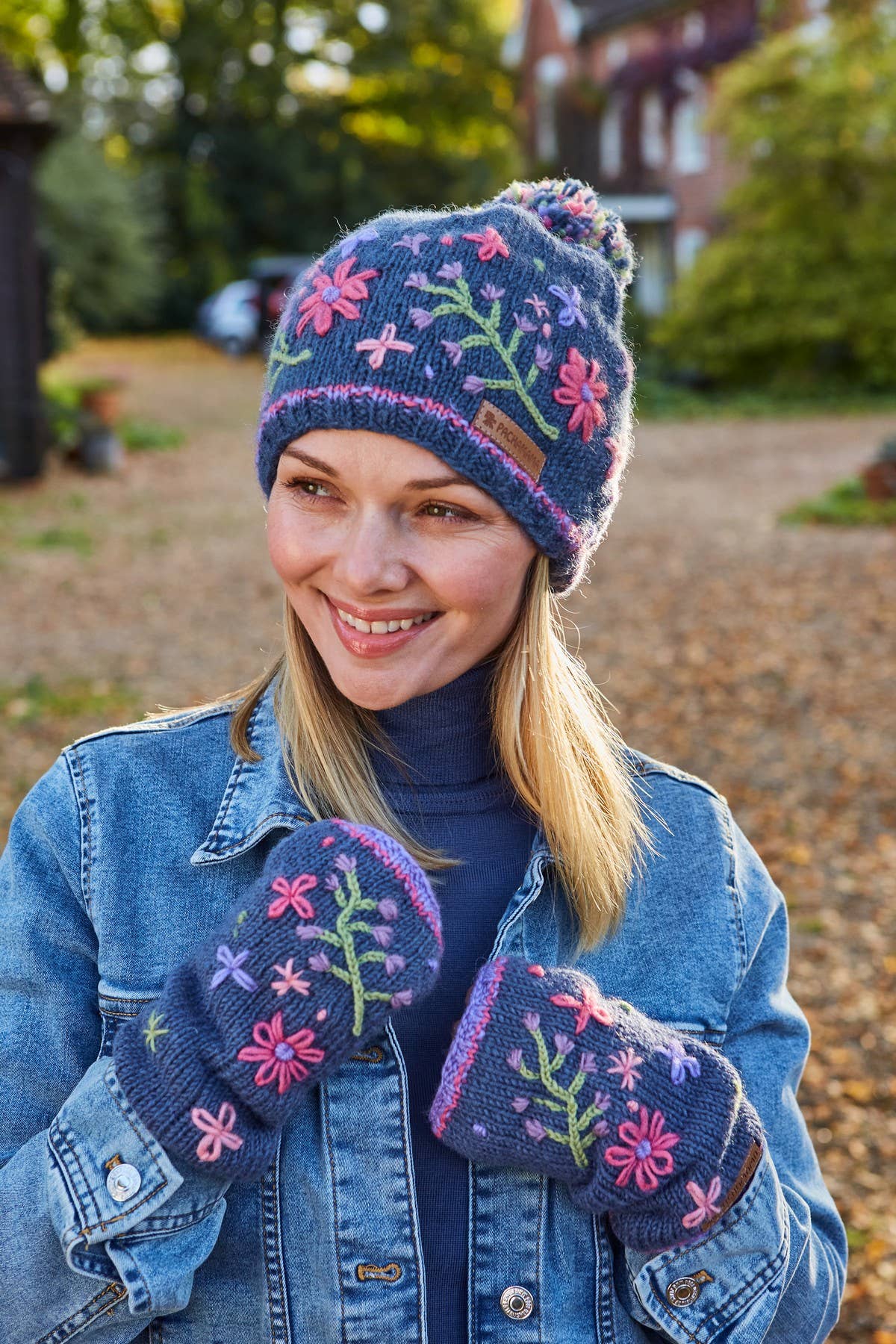 Hampton Court - Embroidered Flowers Knitted Wool Bobble Hat
