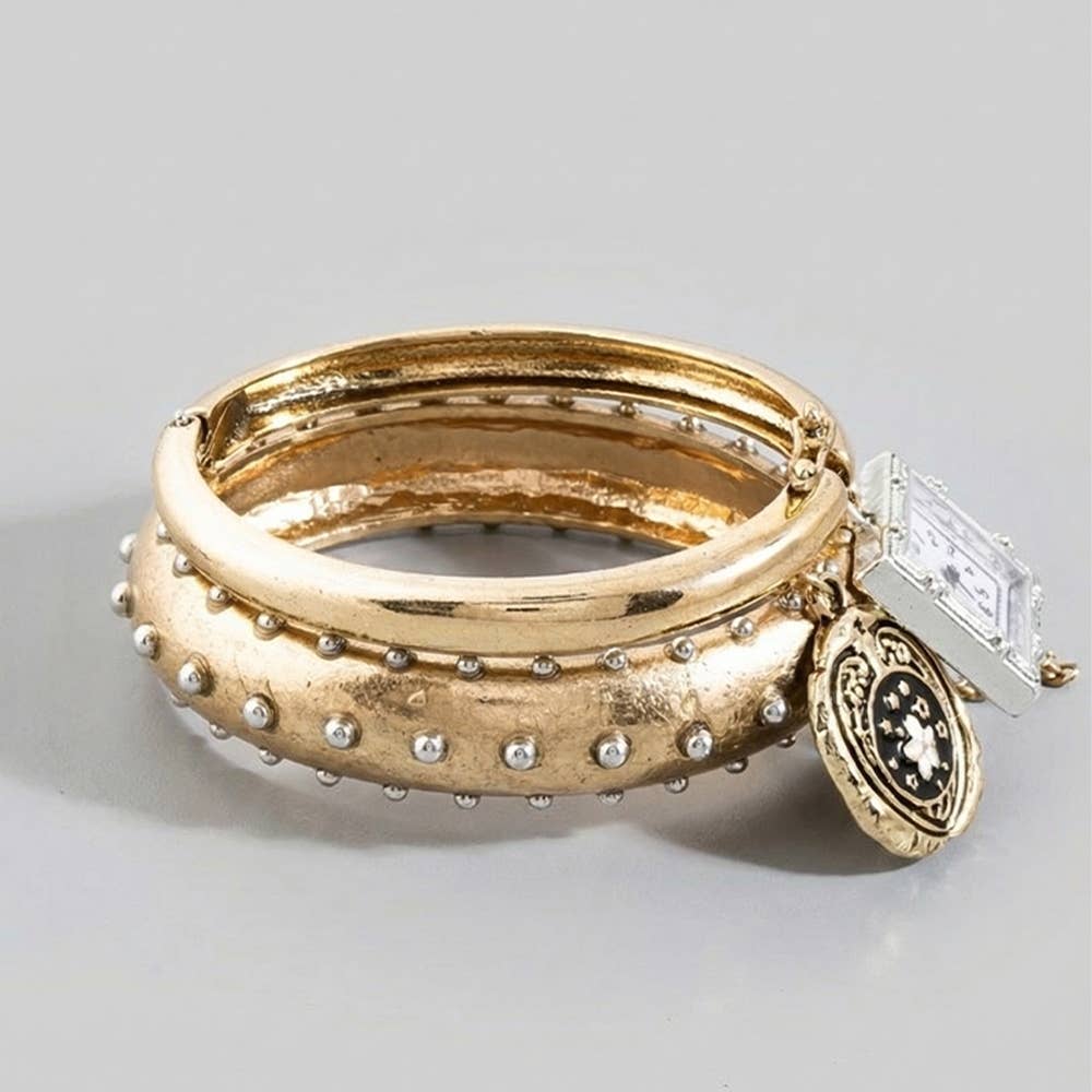 Three Piece Bangle With Charms And Watch Bracelet: GOLD