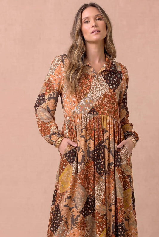 Floral and Geometric Patchwork Maxi Dress: RUST / M