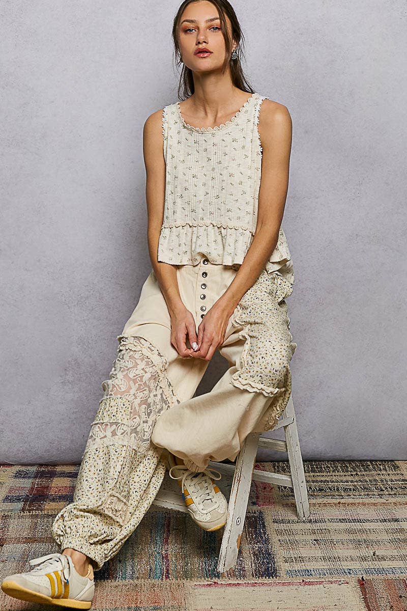 Round Neck Ruffle Hem Trim Detail Floral  S