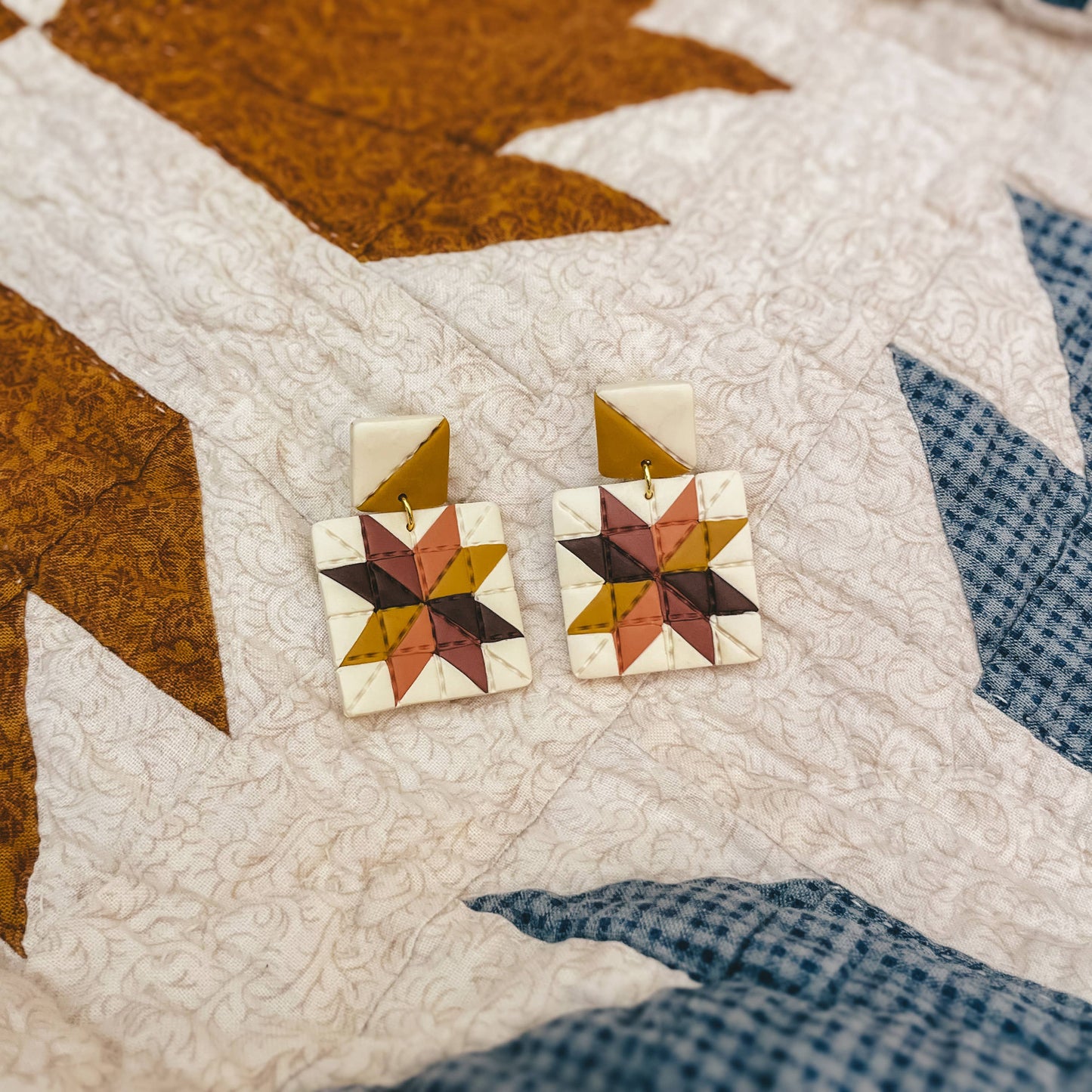 Quilted Style Stud Dangle Earrings | Fall Star