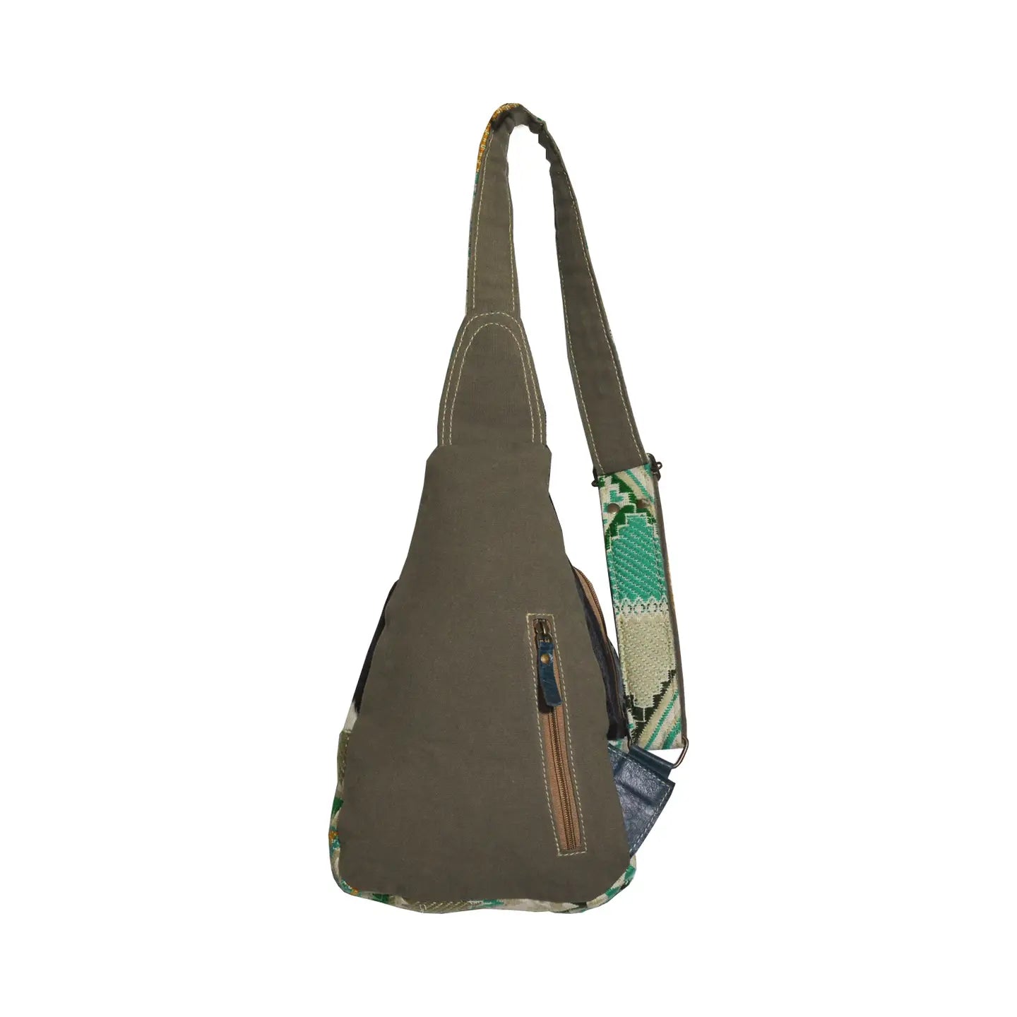 Turquoise Bohemian tapestry and cowhide Lanny sling bag