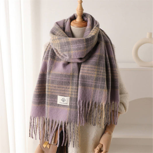 Vintage Plaid Colorblock Fringe Scarf : Purple