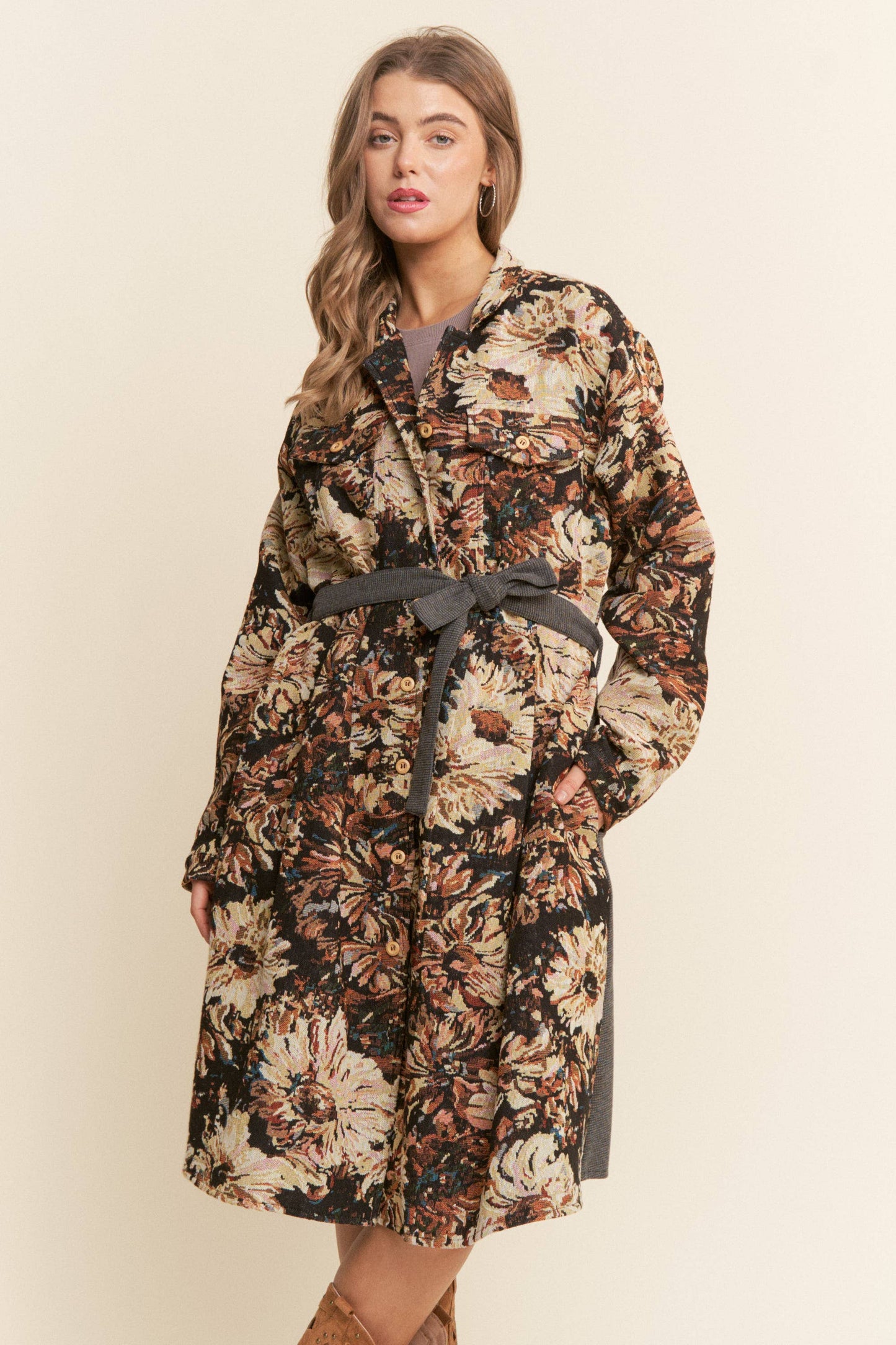 Floral Print Knit Button Down Coat