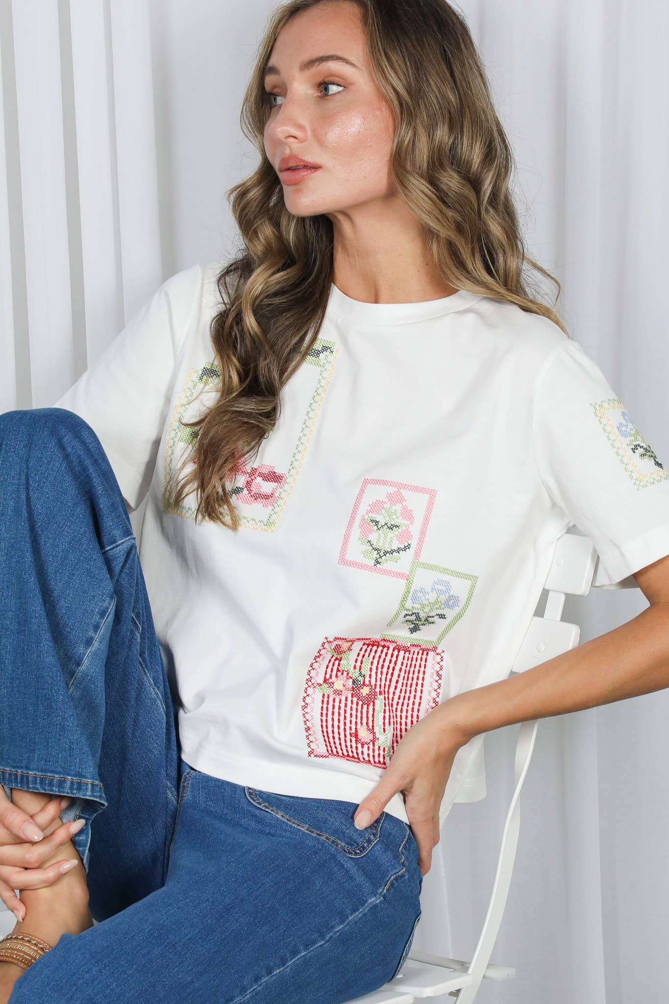 Cross-Stitch Embroidered Detail 100%Cotton Top VT82988: Off White / L