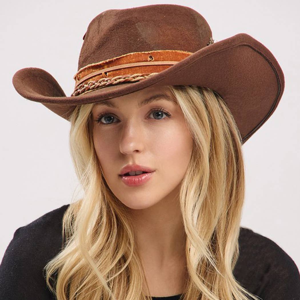 Vintage Versatile Shapeable Cowgirl & Fedora Hat With A Feat: Brown