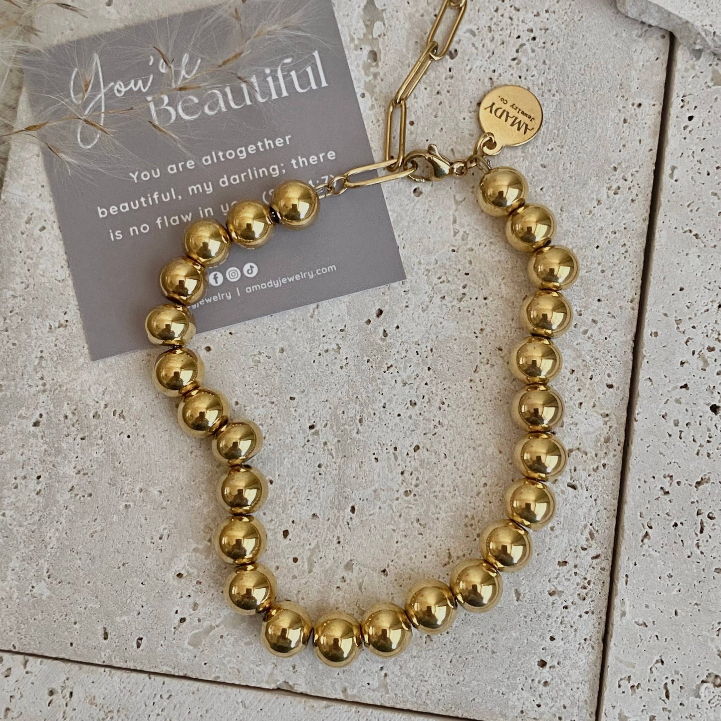 Bold Beaded Bracelet 18k Gold Plated 8mm stainless steel