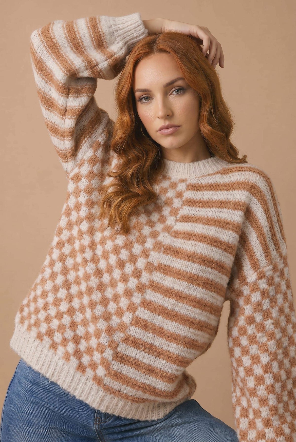 Checker Stripe Color Block Jacquard Sweater: TAUPE/OATMEAL / M