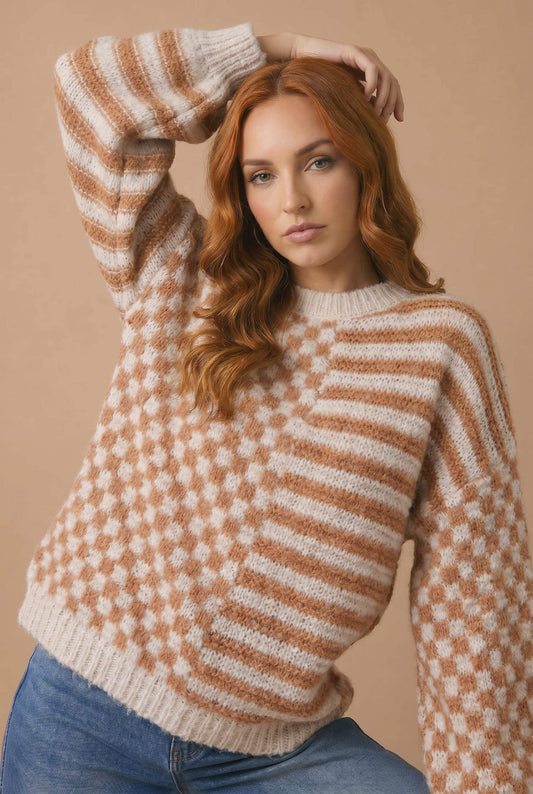 Checker Stripe Color Block Jacquard Sweater