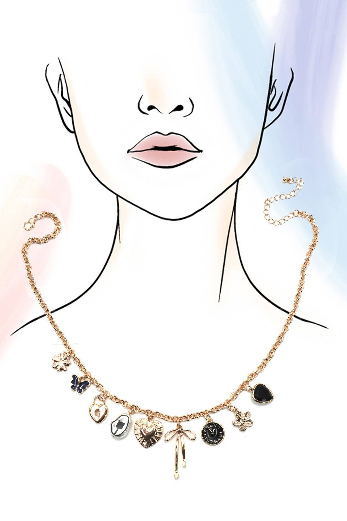 CHARM NECKLACE-HEART CLOCK BOW LOCK CHARMS | 80N91815: GOLD