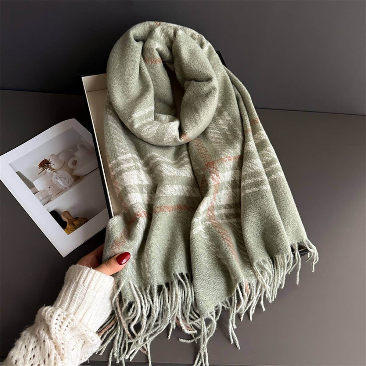 Minimal Plaid Soft Cashmere Feel Winter Scarf_CWASC03246: Green / (OS) 1