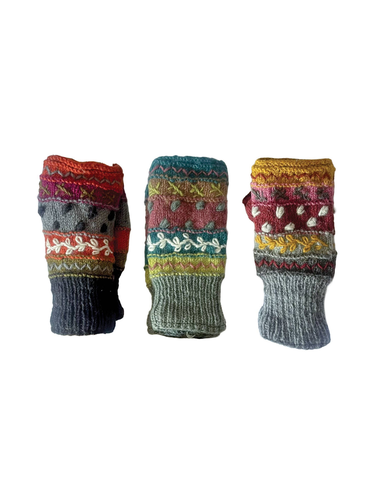 Striped Knit Fingerless Gloves Hand Embroidered Details: Assorted Colors / O/S