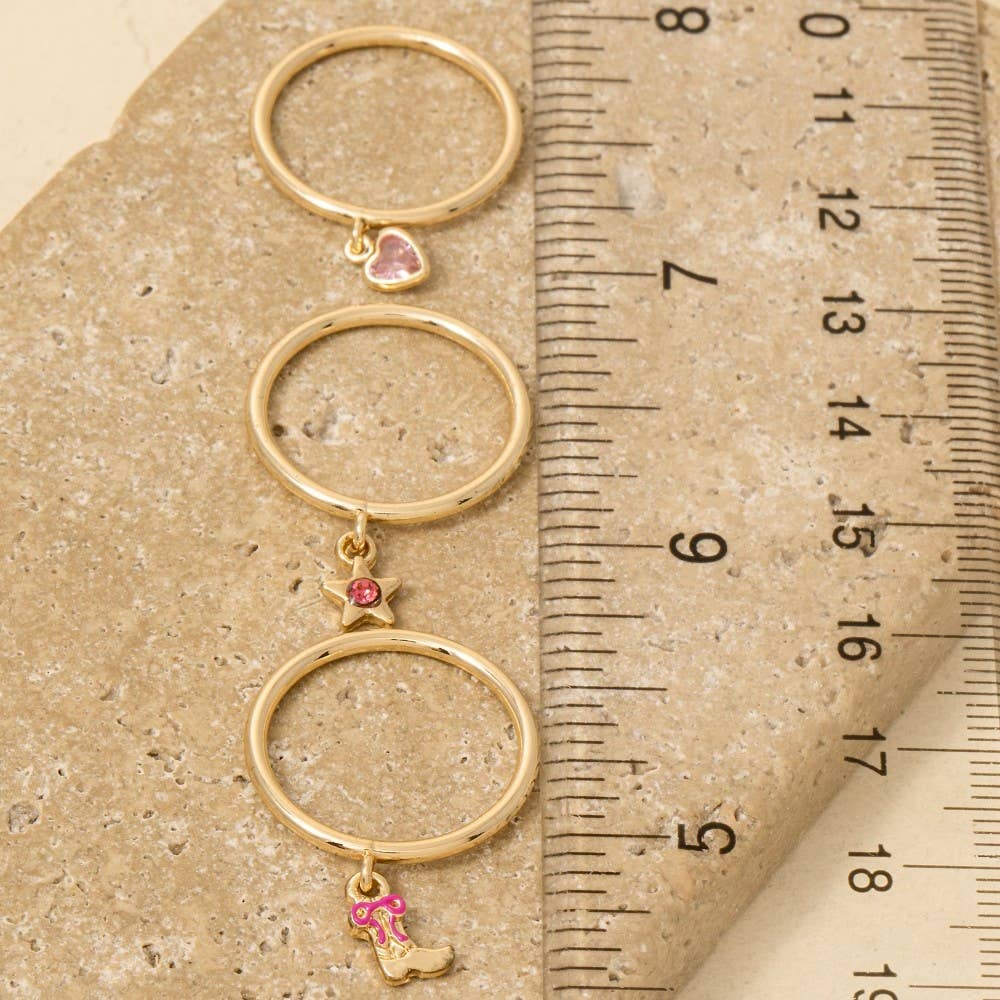 Secret Box Gold Dipped 3Pc Dangle Charms Band Rings Set: GD