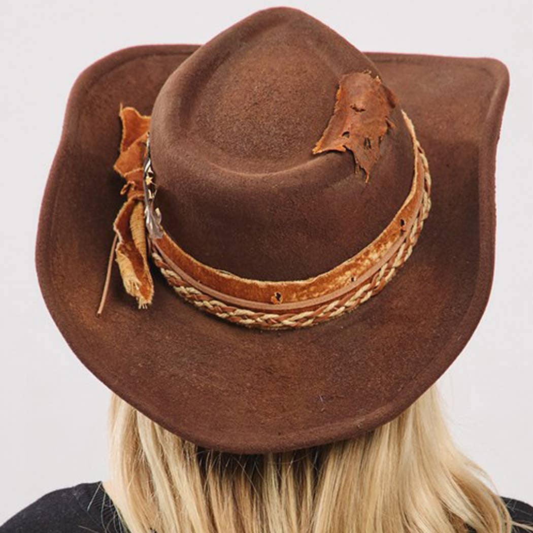 Vintage Versatile Shapeable Cowgirl & Fedora Hat With A Feat: Brown