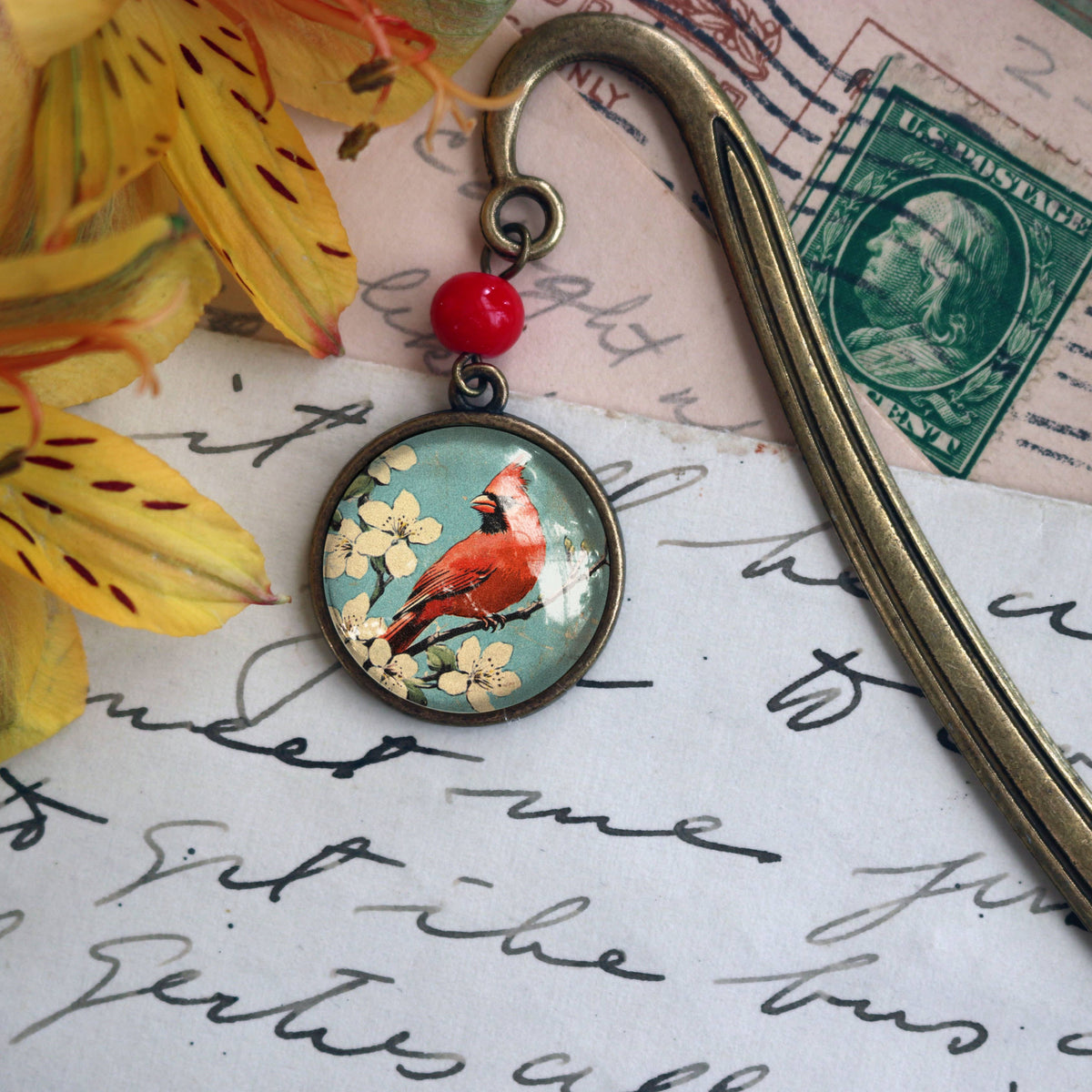 Vintage Cardinal Bronze and Glass Bookmark
