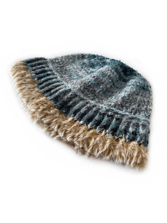 Haila - Vintage Striped Color-Blend Knitted Beanie with Plush: Dusty blue