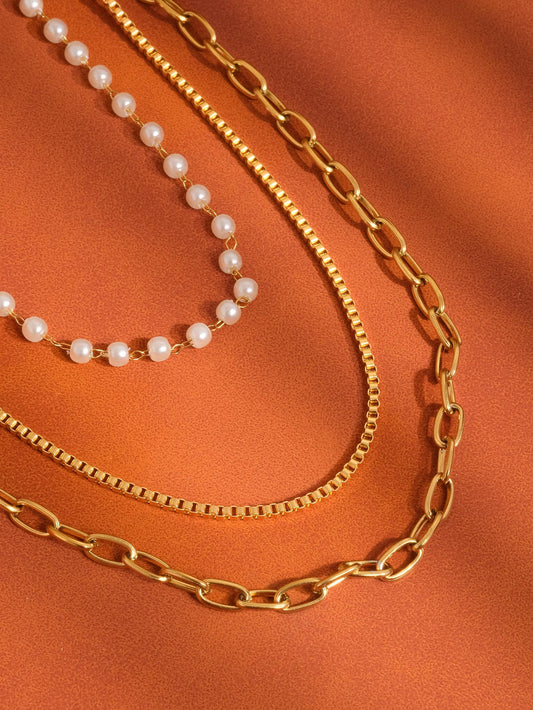 Cadeaux 18K Gold Non-Tarnish Stacked Pearl Chain Necklace: Yellow Gold