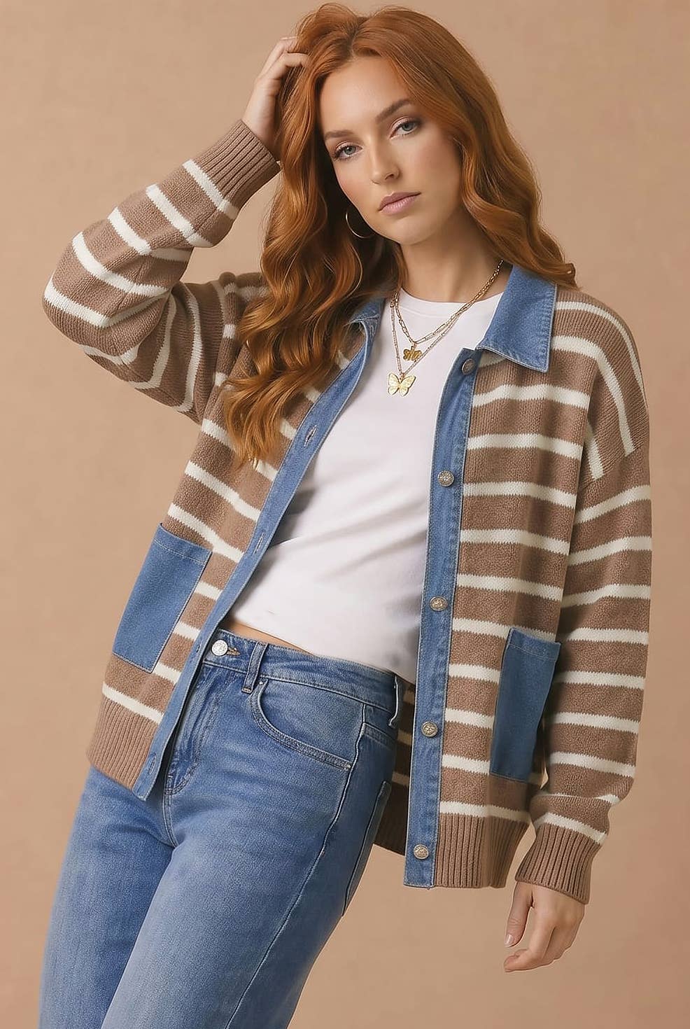 Denim Button Down Stripe Sweater Cardigan