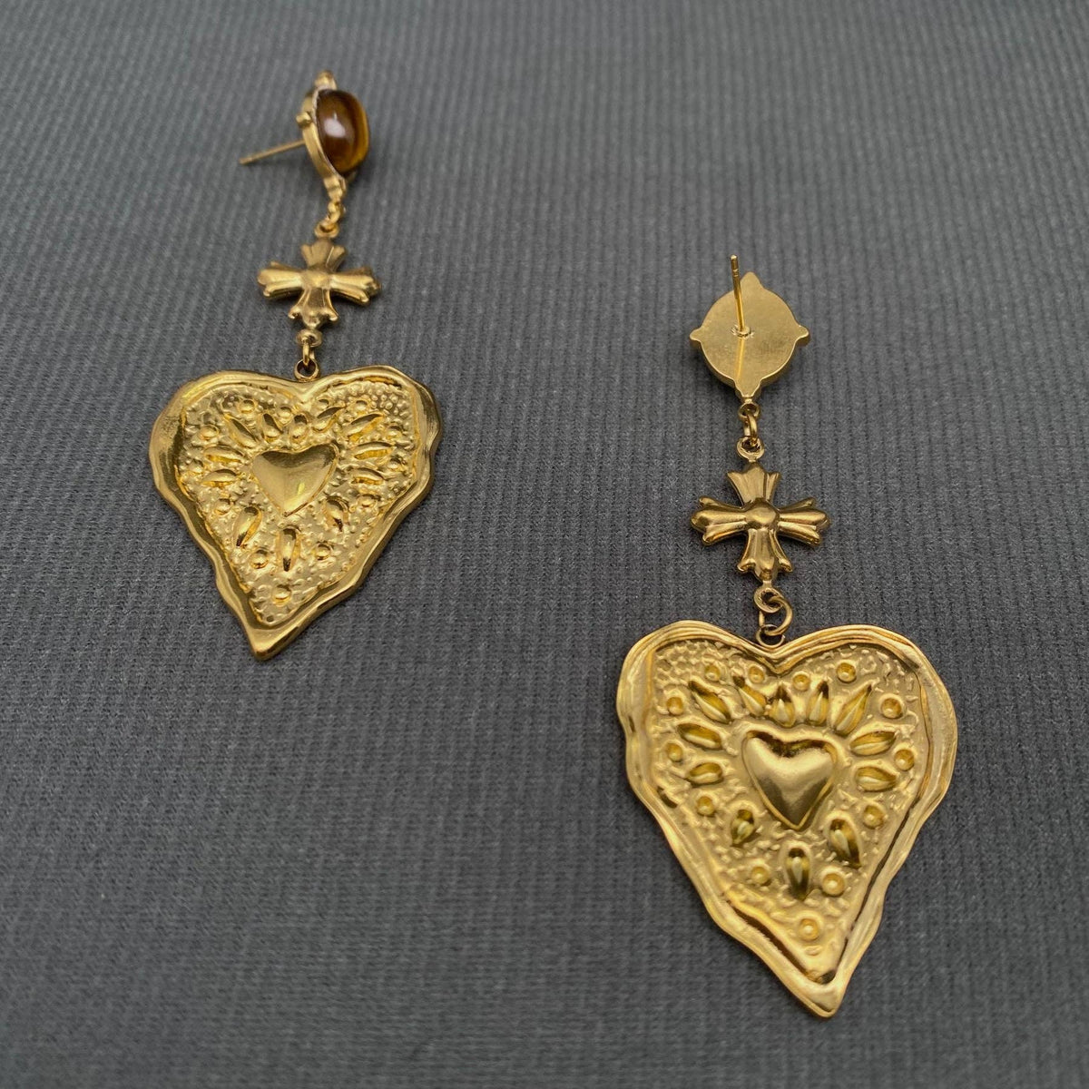 Hammered heart-shaped pattern 18K Golden SS Earrings - FGS