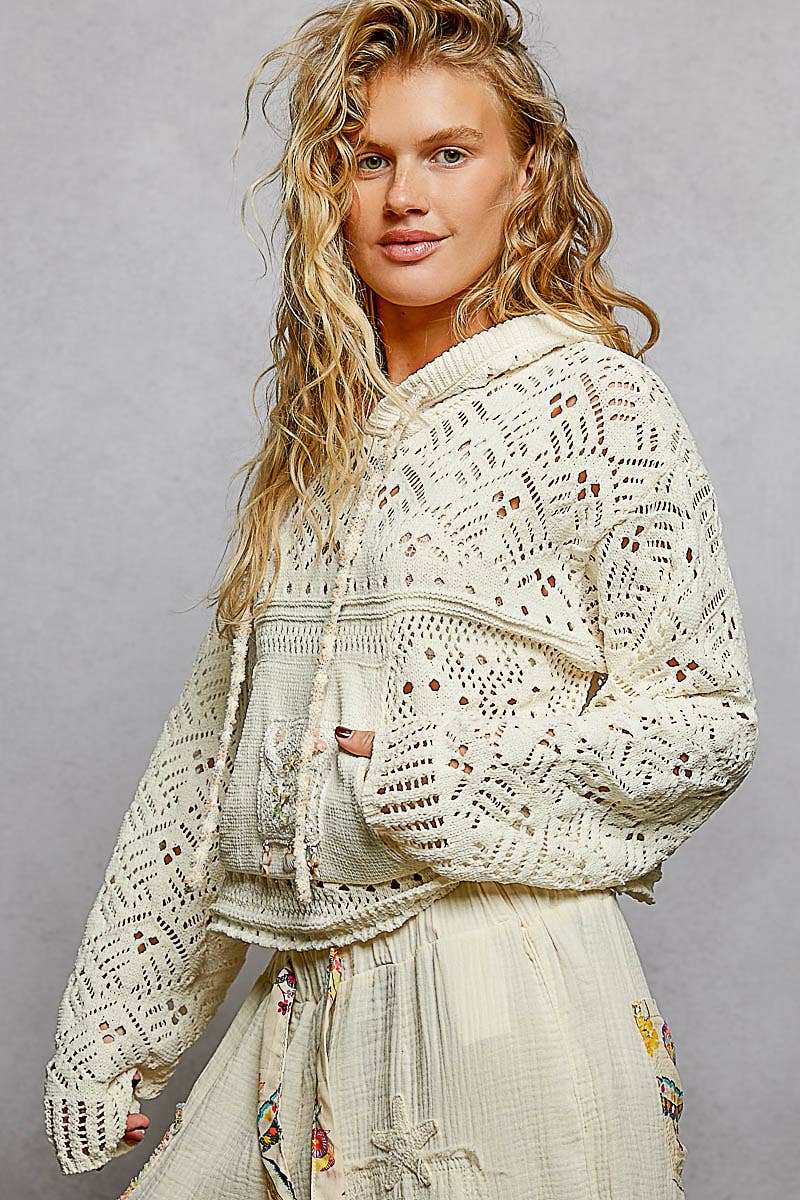 Chenille Crochet Lightweight Pullover Hoodie Sweater: NATURAL / M