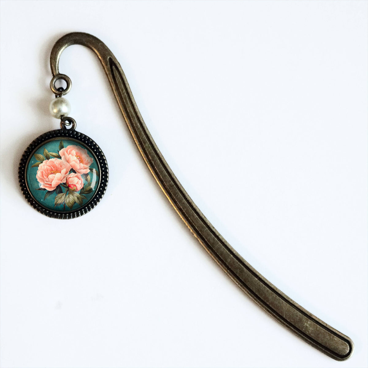 Pink Peony Bronze and Glass Cabochon Bookmark w/ Pearl Bead