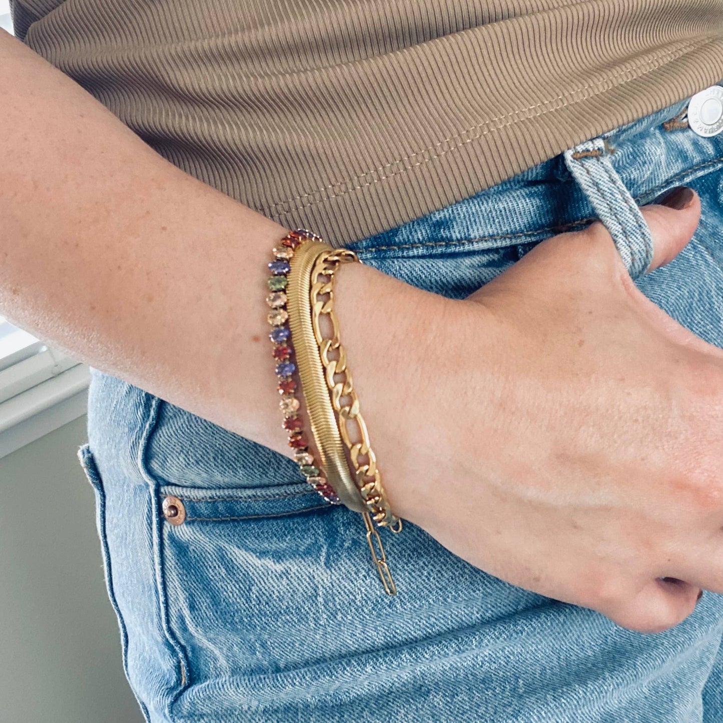 Figaro curb chain layering bracelet 18k gold plated 