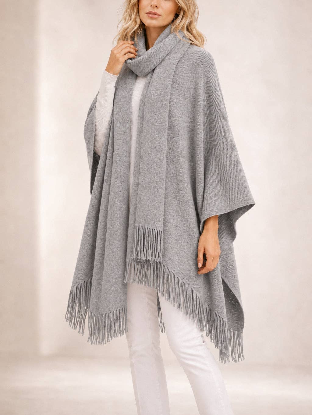 JC088001 Cozy Fringe Knit Poncho with Built-In Scarf: Burgundy