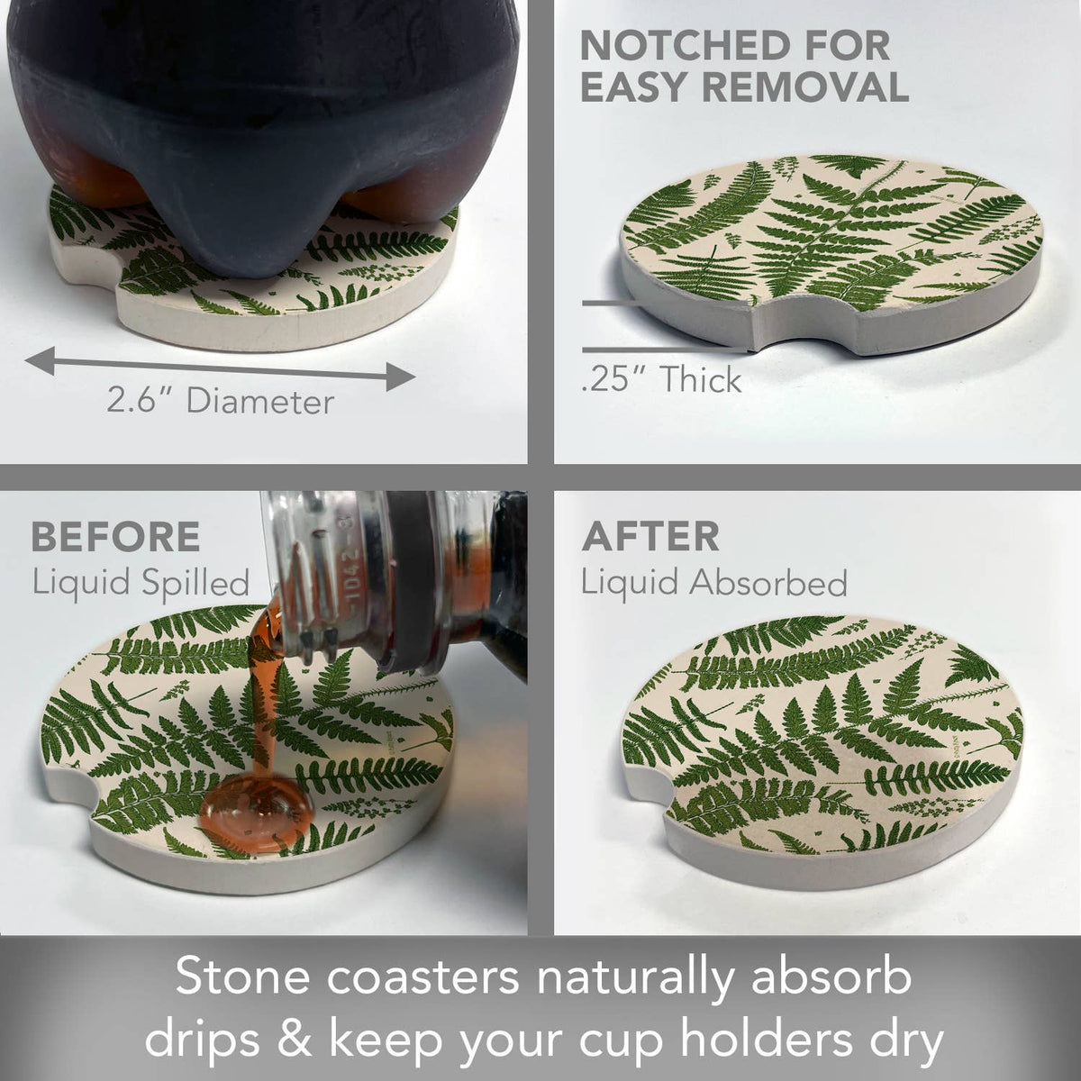 "Natural Ferns" Absorbent Stone Car Coaster 1pk
