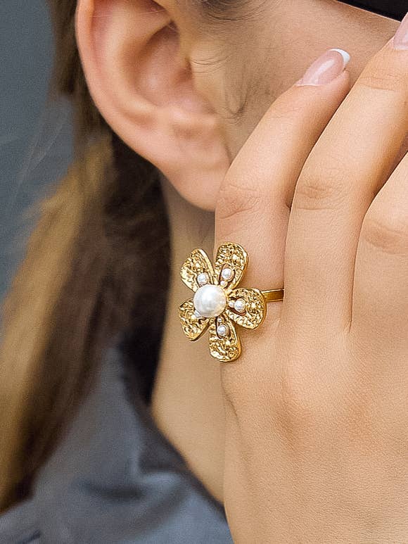 Eze 18K Gold Non-Tarnish Pearl Flower Statement Ring: Yellow Gold