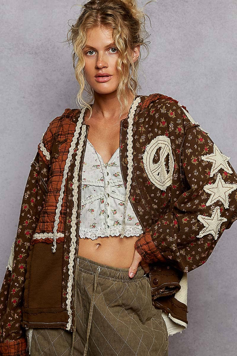 Long sleeve printed patch detail trim knit hooded jacket