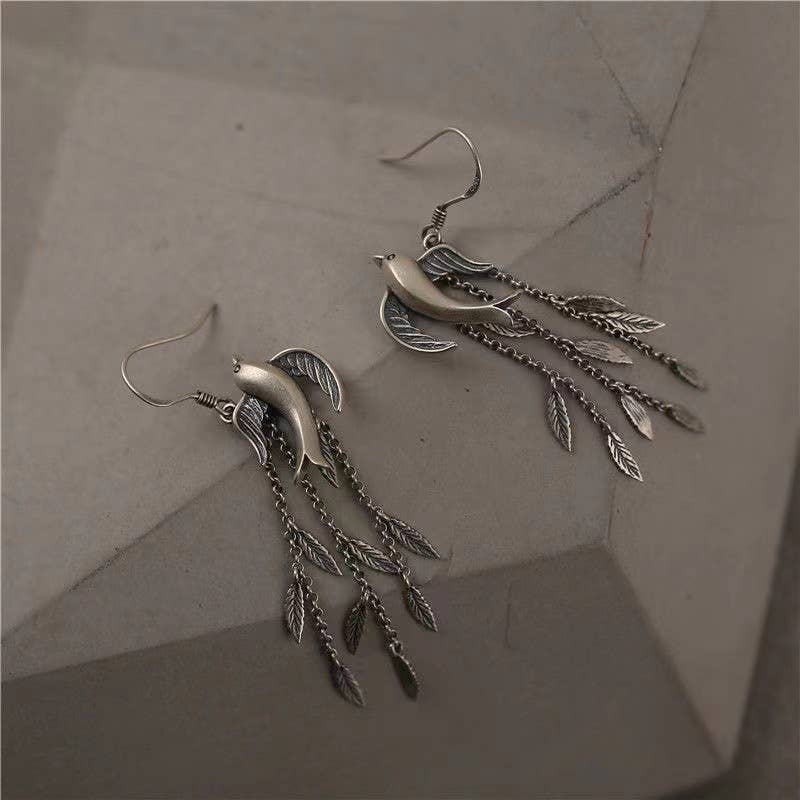 Willow Leaf Swallow Tassel Long Earrings: Silver