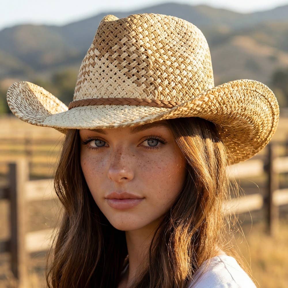 Two Tone Straw Braided Patches Cowboy Hat: IV