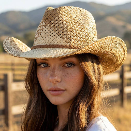 Two Tone Straw Braided Patches Cowboy Hat: IV