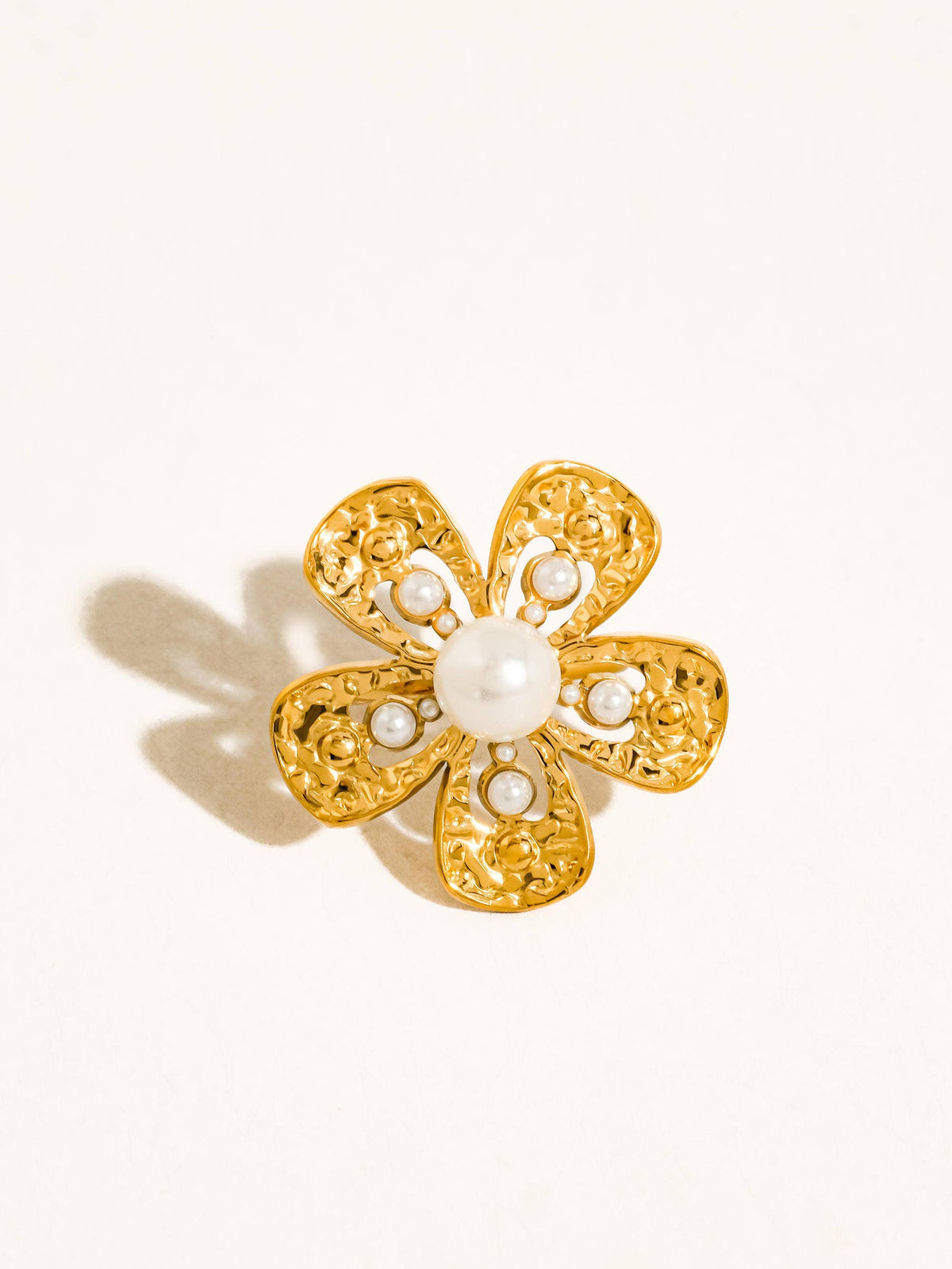 Eze 18K Gold Non-Tarnish Pearl Flower Statement Ring: Yellow Gold