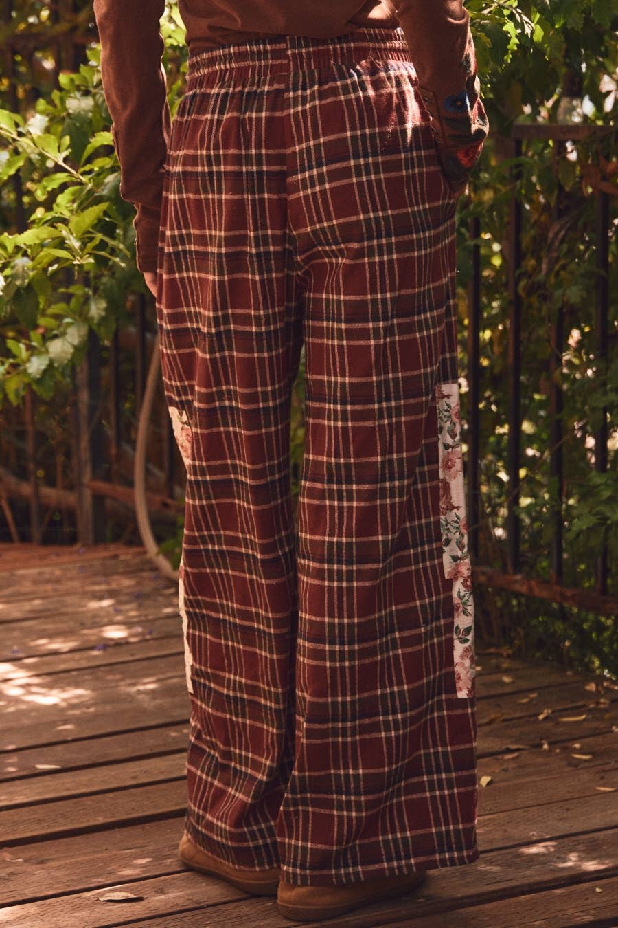 Plaid Patchwork Wide Leg Pants: RED PLAID / L