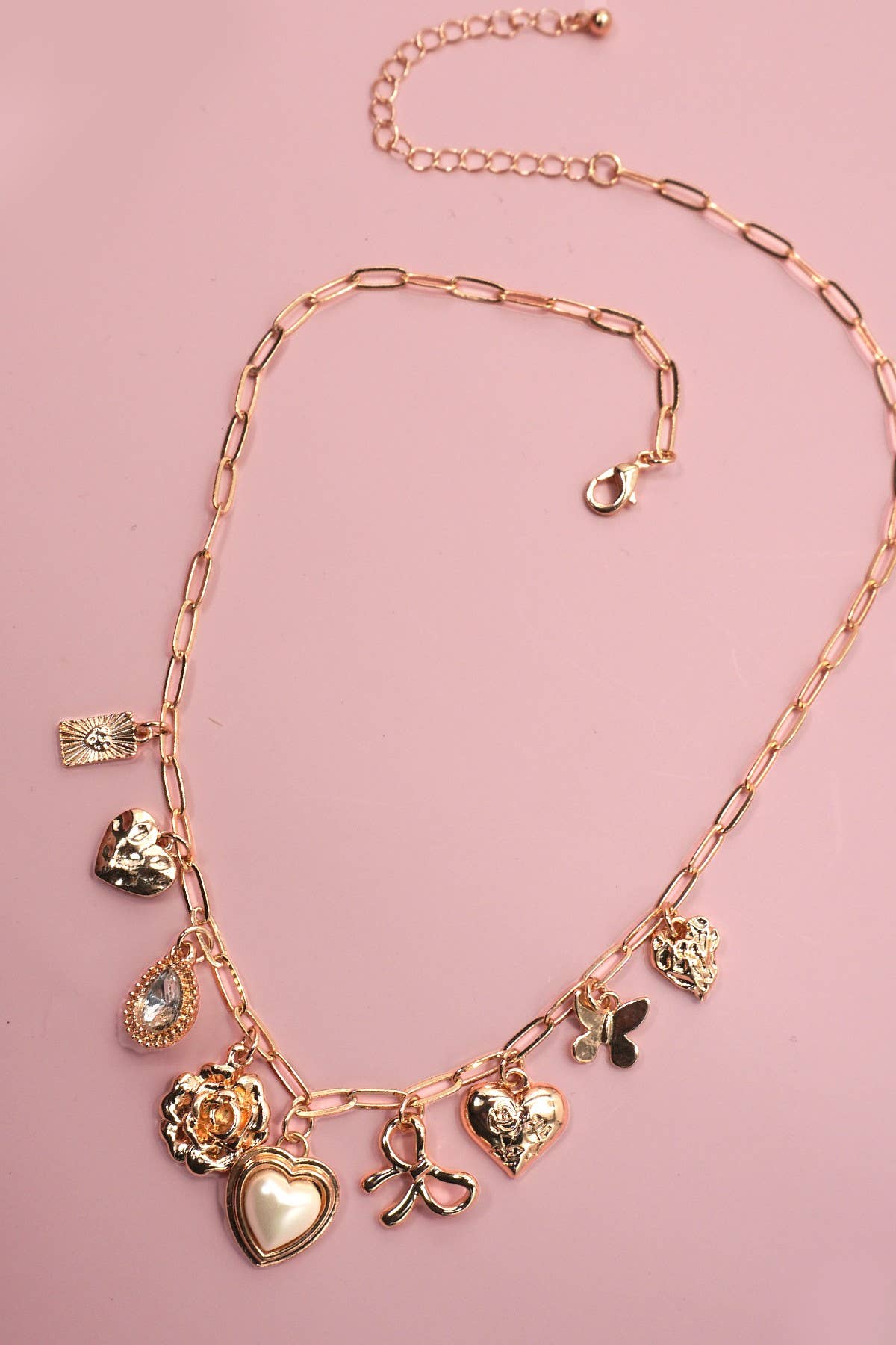 CHARM NECKLACE-BOW HEART RHINESTONE FLOWER | 80N91405: Gold