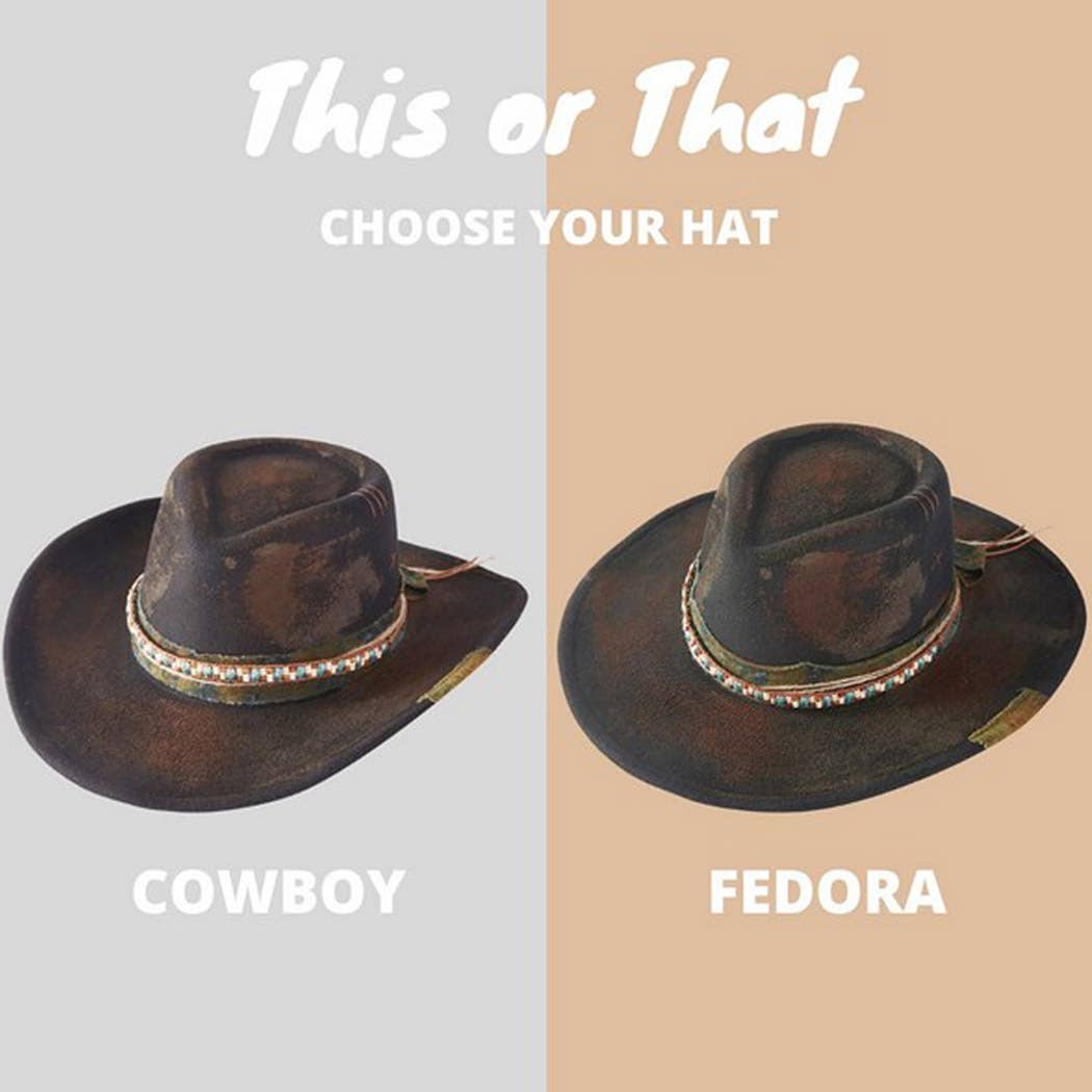 Vintage Versatile Shapeable Cowgirl & Fedora Hat With Distre: BK