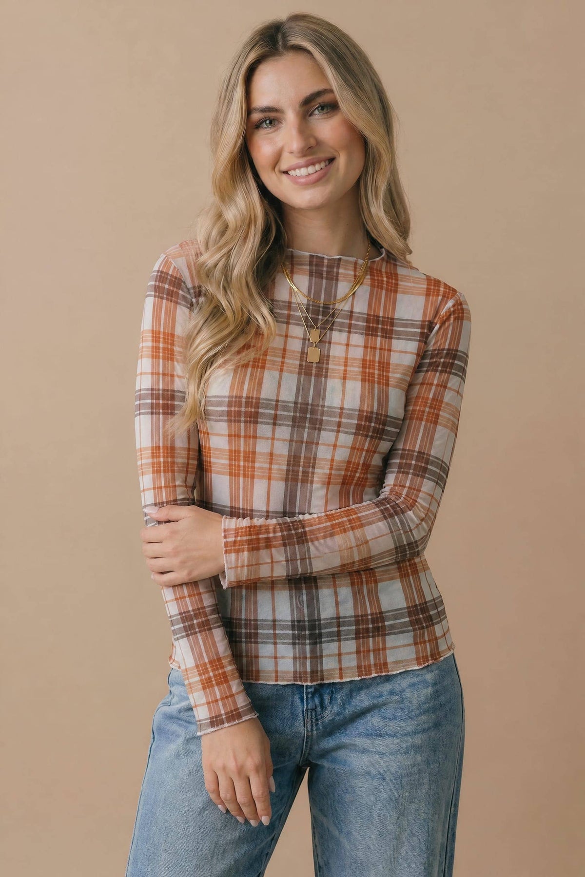 Plaid Mesh Semi-Sheer Top