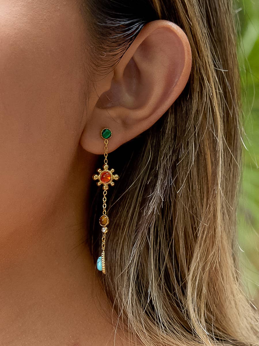 Bellevie 18K Gold Non-Tarnish Boho Gemstone Drop Earrings: Multi-Colored