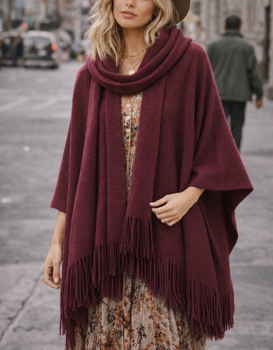 JC088001 Cozy Fringe Knit Poncho with Built-In Scarf: Burgundy