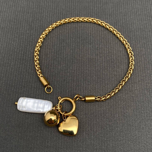 Zircon Inlaid Heart 18K Gold Plated S.Steel Bracelet - FGS
