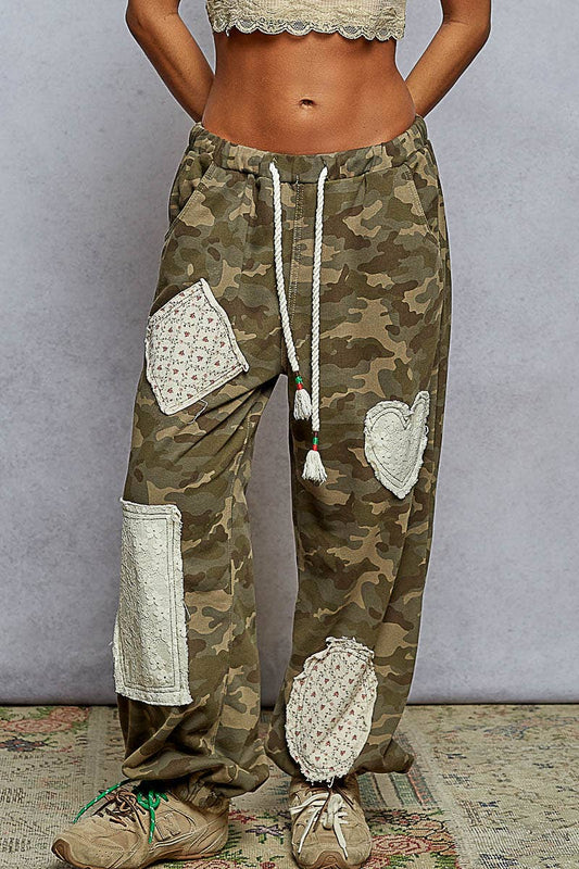 French terry various lace patches printed woven pants