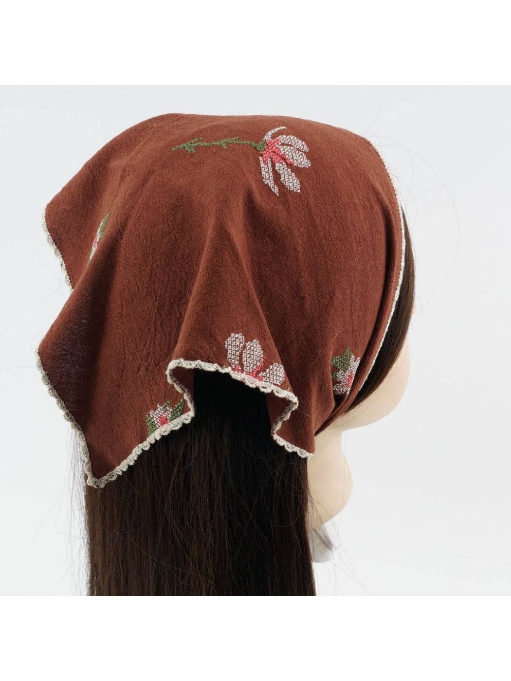 Scarvii - Brown Floral Lace Trim Headscarf