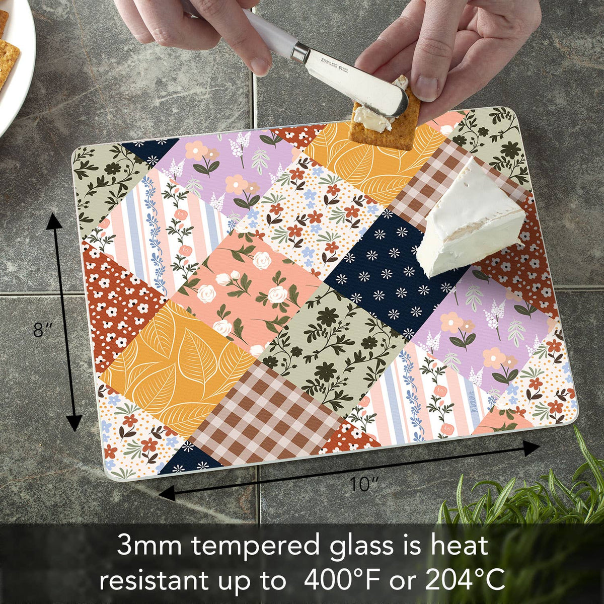 Vintage Patchwork 3mm Tempered Glass Cutting Board 10" x 8"