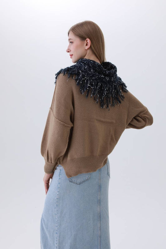 Textured Cocoon Infinity Scarf–Organic Coconut Button Detail: Black