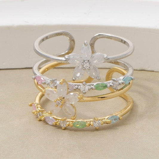 Gold Dipped Cz Flower Studded Two Row Ring: S
